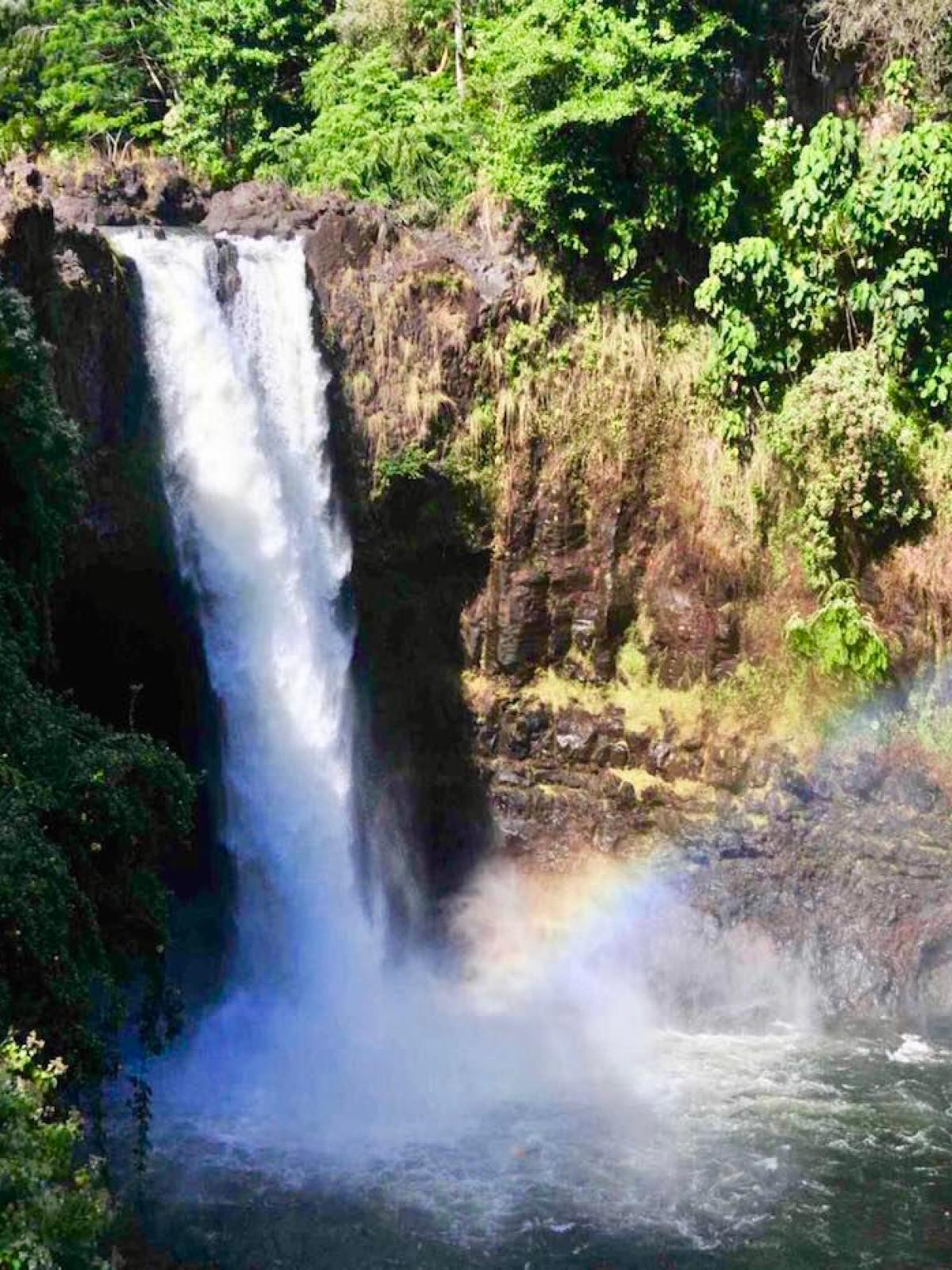 Waterfall cascading into a pool surrounded by lush greenery, with a faint rainbow visible.