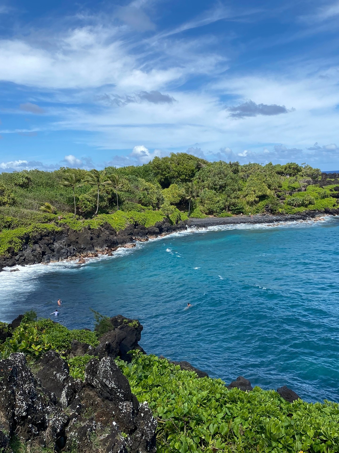 Scenic view of a rocky beach with blue water and lush green vegetation under a partly cloudy sky.